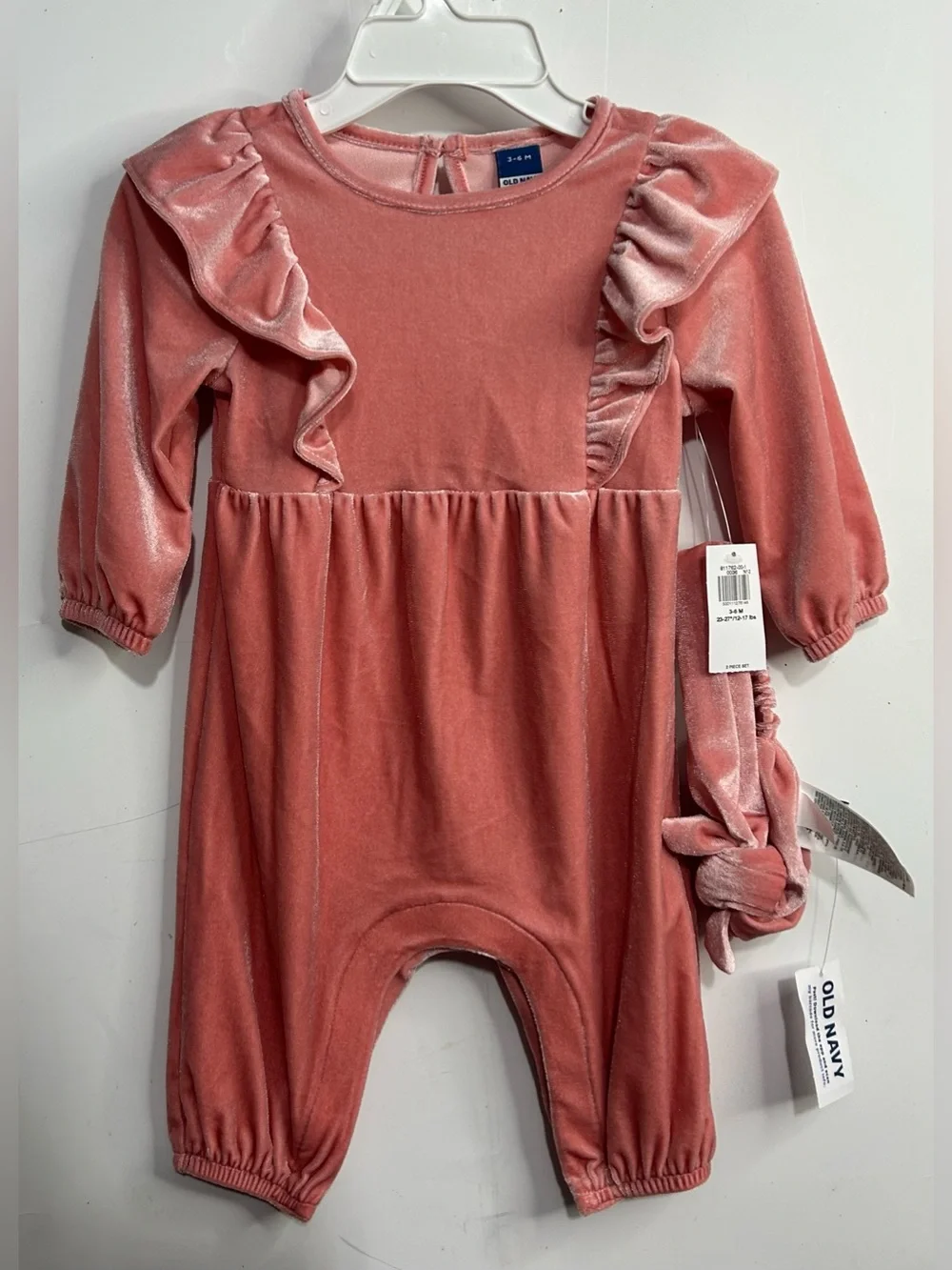 5 for $25🔥Old Navy Velvet Dusty Rose Ruffle‎ Jumpsuit Set Baby Girl 3-6M- New